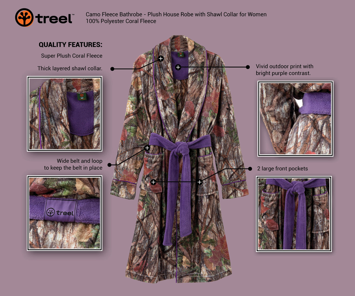 Coral Fleece Camo Lounge Robe, Purple