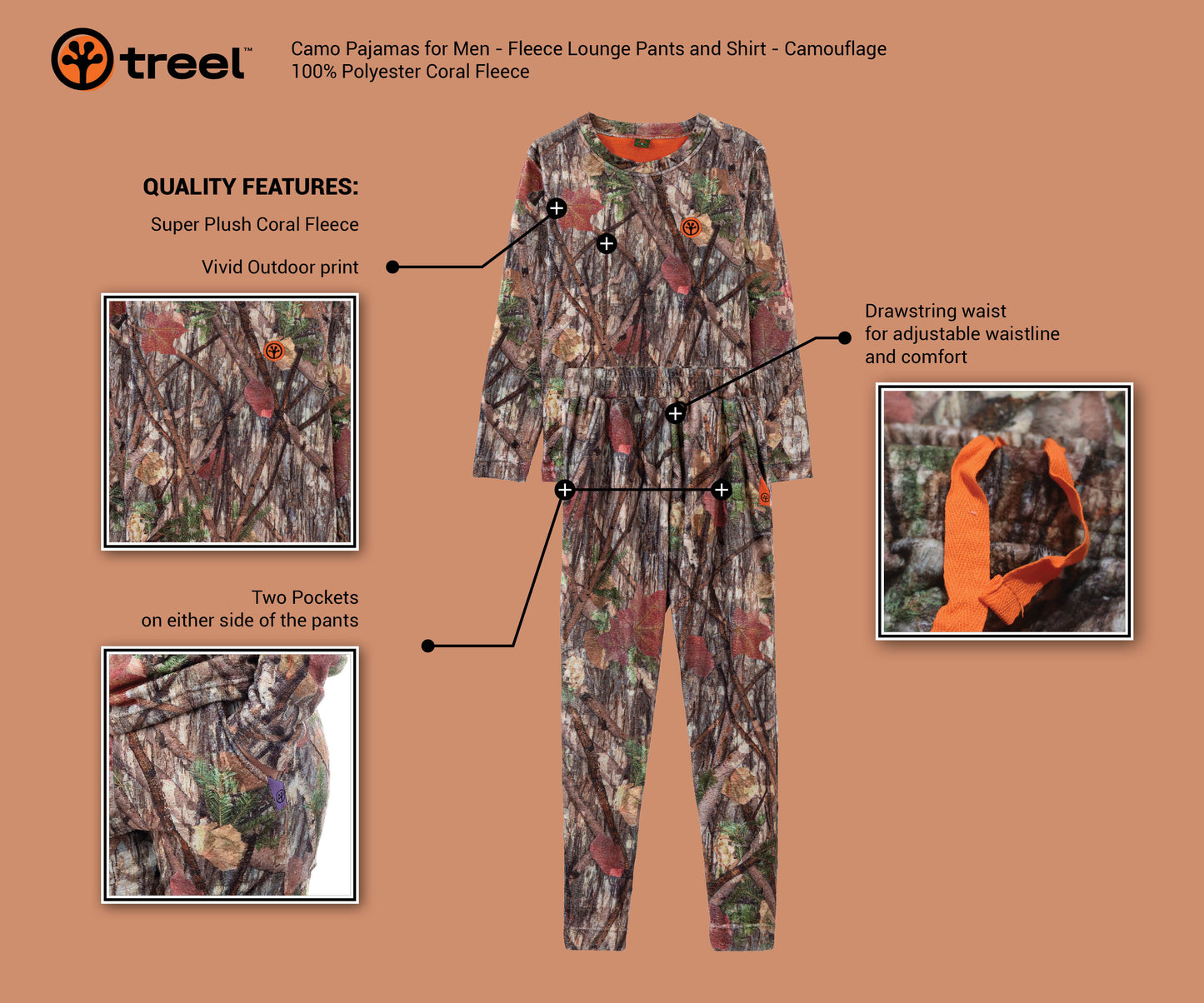 Men's Coral Fleece Camo Pajama Set, Orange
