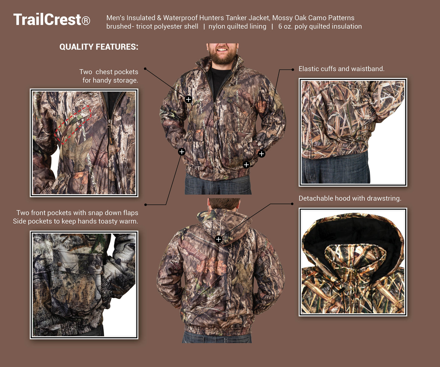 TrailCrest by Treel Men's Mossy Oak Tactical Hoodie Jacket-Insulated & Waterproof Warm Camo Gear Coat