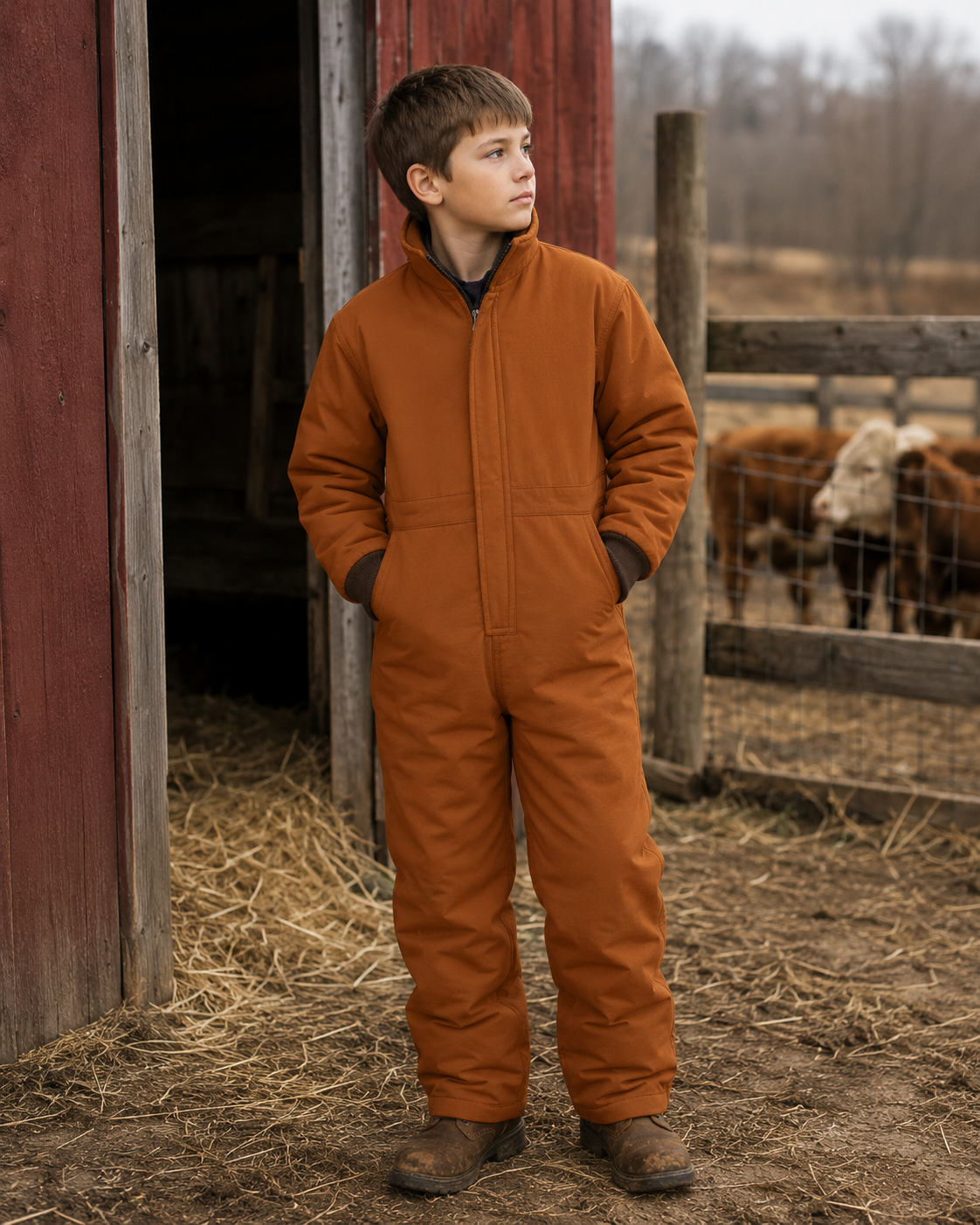 Kids Insulated Mossy Oak / Duck Brown Canvas Work Coveralls for Outdoor Winter