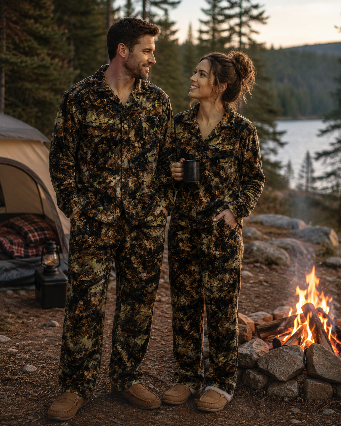 TrailCrest by Treel Camo Soft Plush Fleece Button Down Long Sleeve Shirt & Pants Pajama Lounge Set