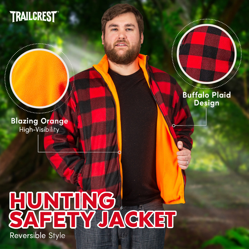 TrailCrest by Treel Men's Buffalo Plaid & Safety Blaze Orange Reversible Outdoorsman Workwear Jacket