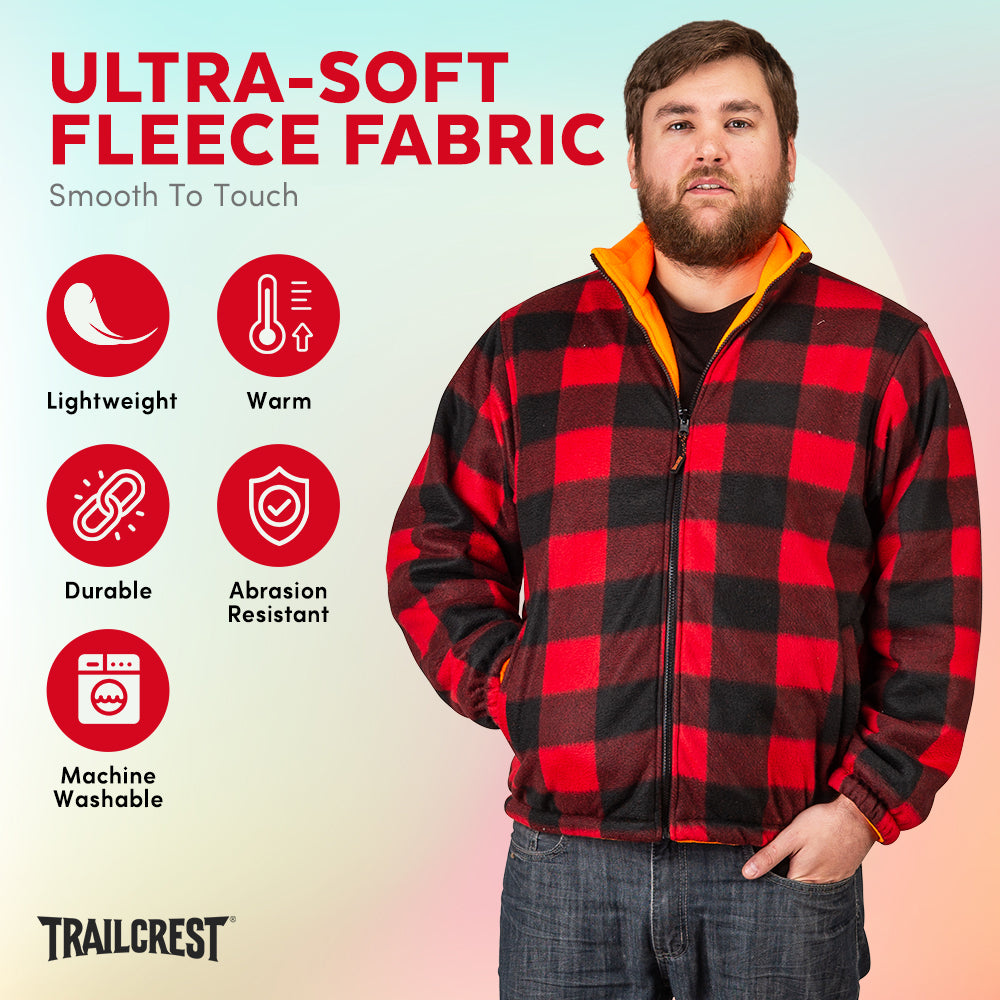 TrailCrest by Treel Men's Buffalo Plaid & Safety Blaze Orange Reversible Outdoorsman Workwear Jacket