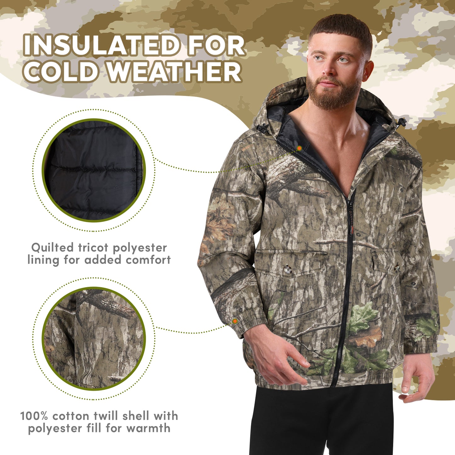 Mossy Oak Men's Insulated Camo Jacket – Country Roots Pattern – Quilted Lining, Cotton Twill Shell, Cold Weather Work Jacket