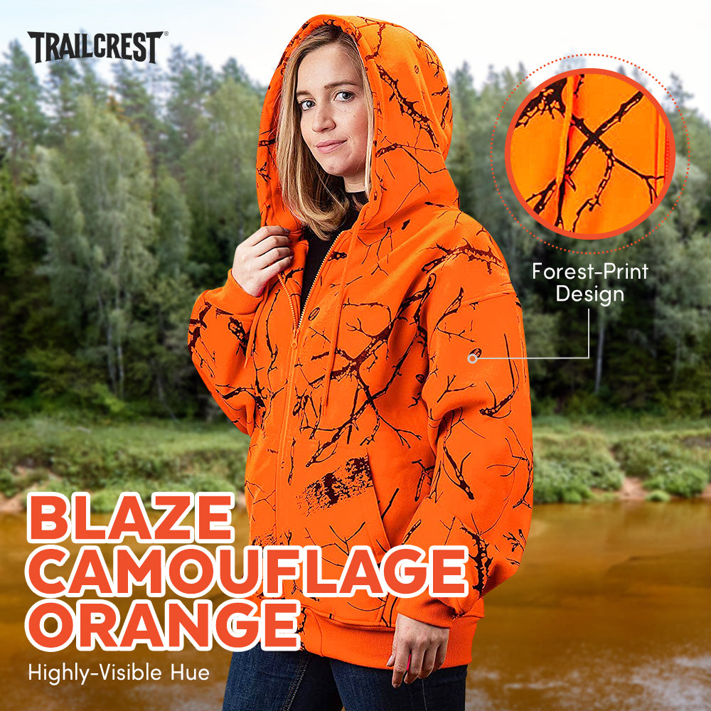 TrailCrest by Treel Kid's Orange Safety Full Zip High Visibility Thick Fleece  Hooded Sweatshirt Hunting Jacket