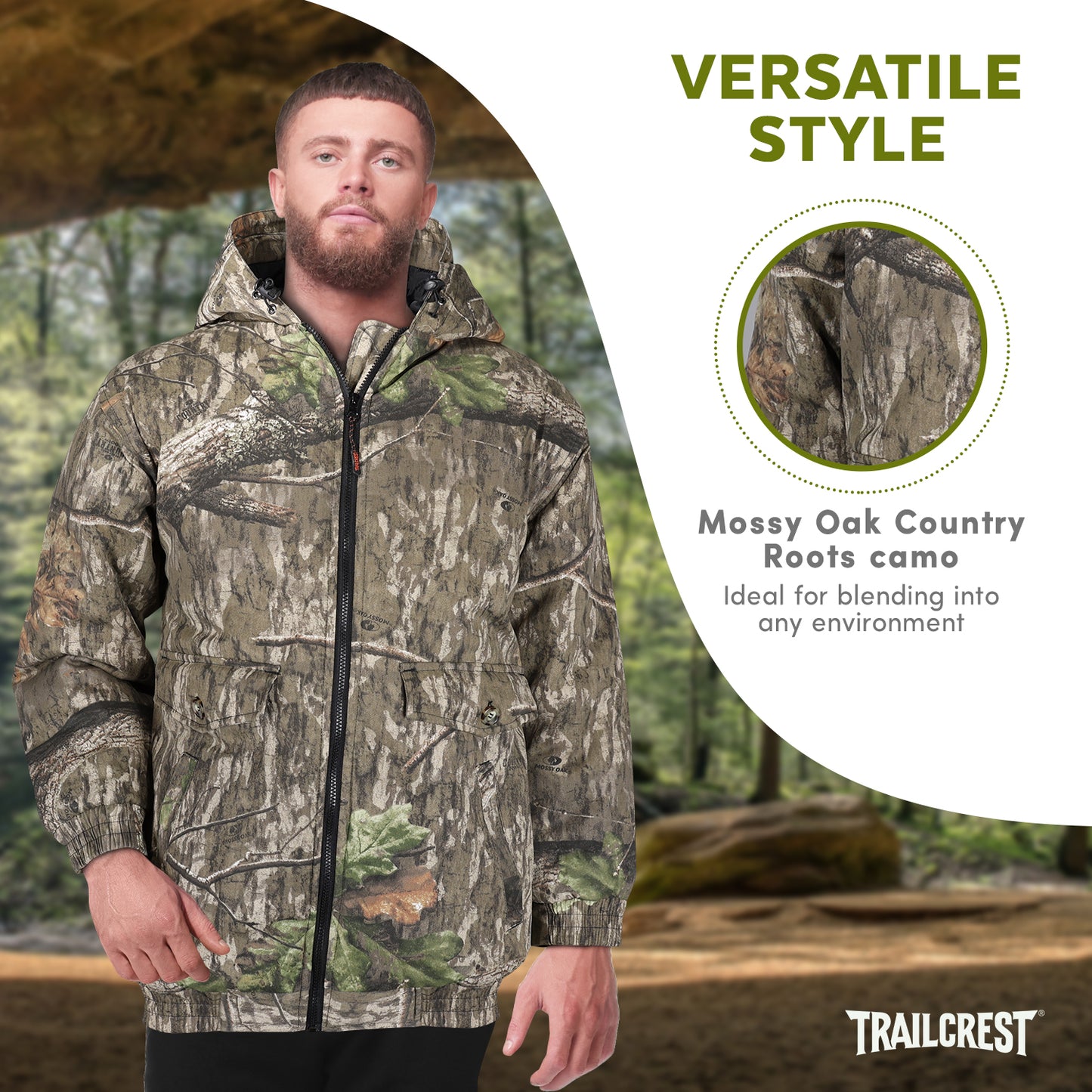 Mossy Oak Men's Insulated Camo Jacket – Country Roots Pattern – Quilted Lining, Cotton Twill Shell, Cold Weather Work Jacket