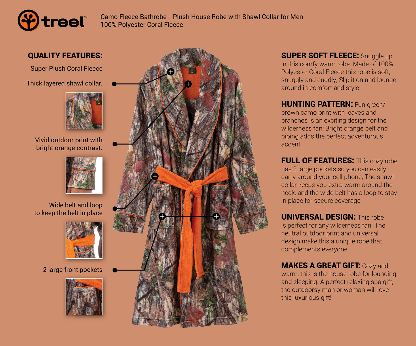 Coral Fleece Lounge Robe, Orange
