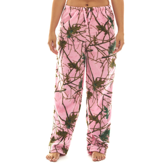TrailCrest by Treel Women's Open Bottom Sleep and Lounge Casual Plush Soft Coral Fleece Camo Pajama Pants