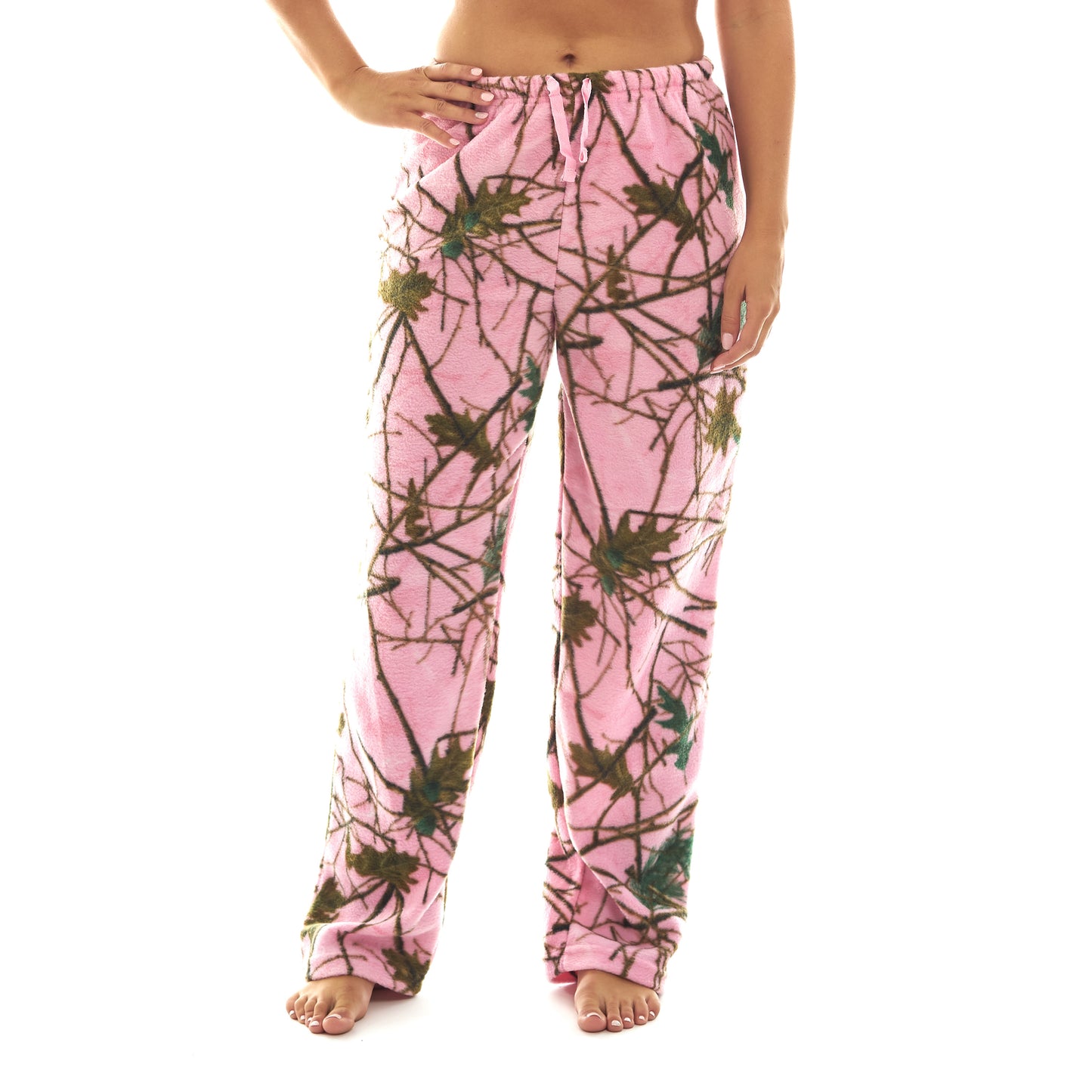 TrailCrest by Treel Women's Open Bottom Sleep and Lounge Casual Plush Soft Coral Fleece Camo Pajama Pants