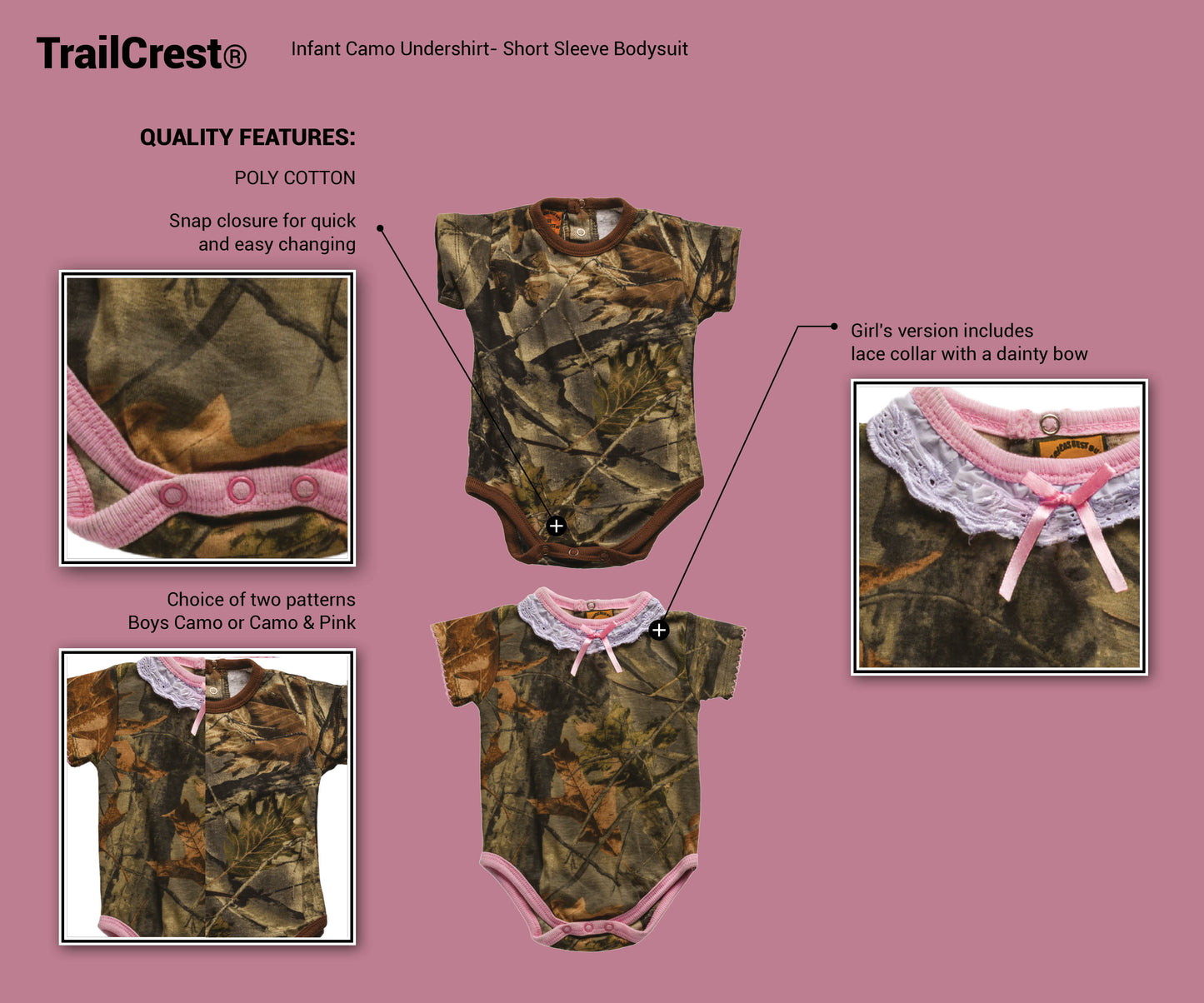 TrailCrest by Treel Newborn Baby Infant Camo Undershirt- Short Sleeve Romper Bodysuit