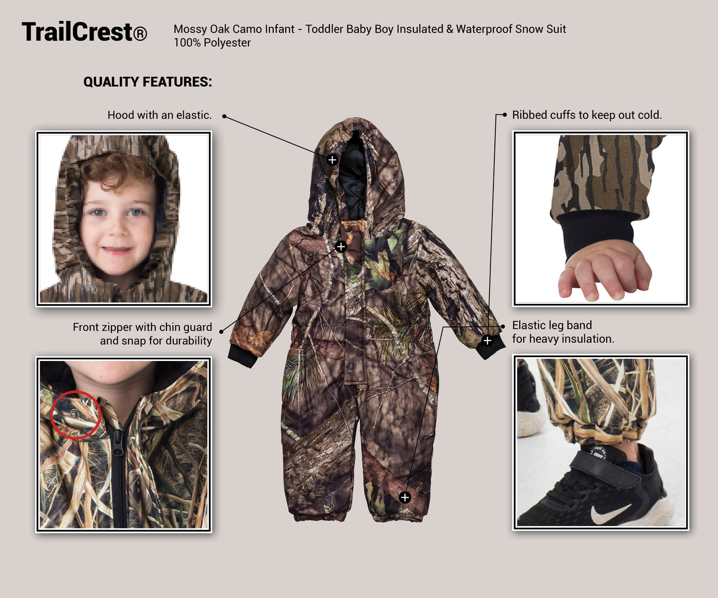 TrailCrest by Treel Infant-Toddler Mossy Oak One Piece Snowsuits Overalls Waterproof Ski Suits Jumpsuits