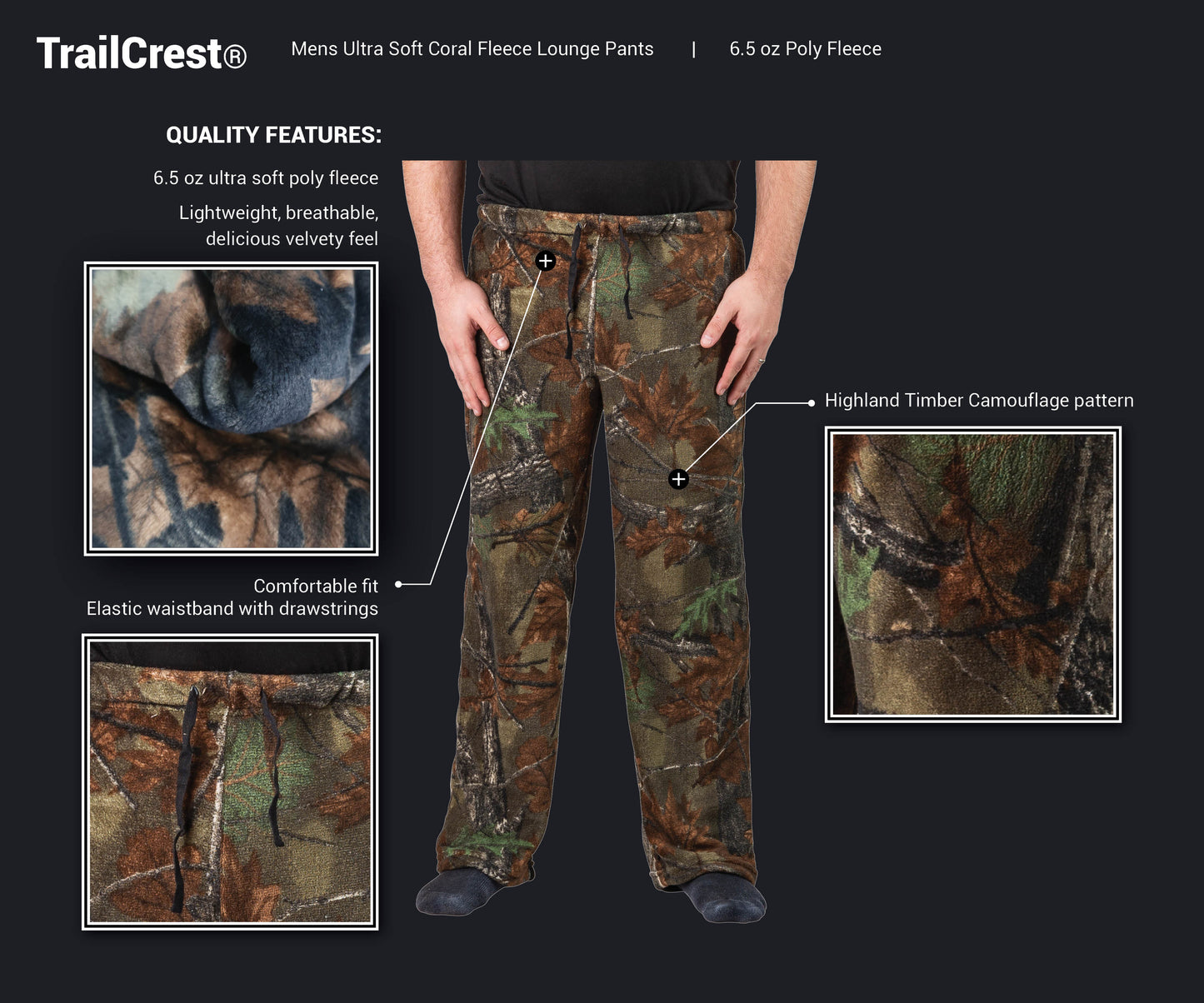 TrailCrest by Treel Men’s Open Botton Sleep & Lounge Plush Coral Fleece Camo Pajama Pants