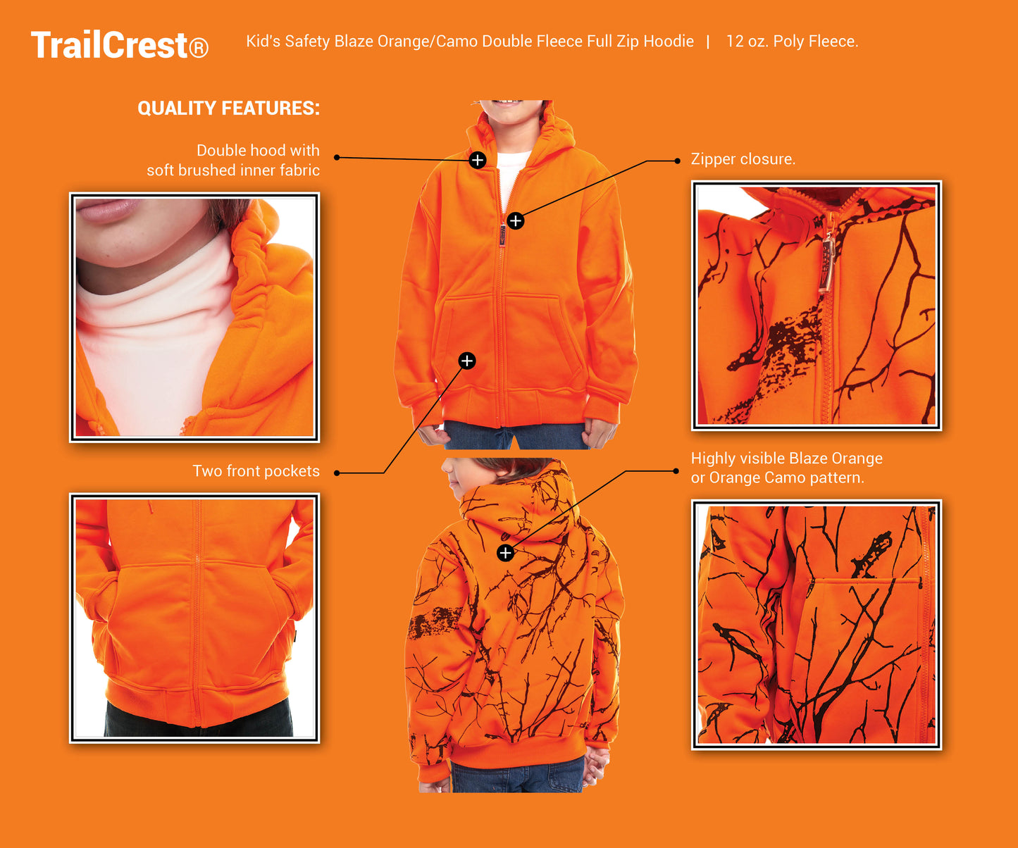 TrailCrest by Treel Kid's Orange Safety Full Zip High Visibility Thick Fleece  Hooded Sweatshirt Hunting Jacket