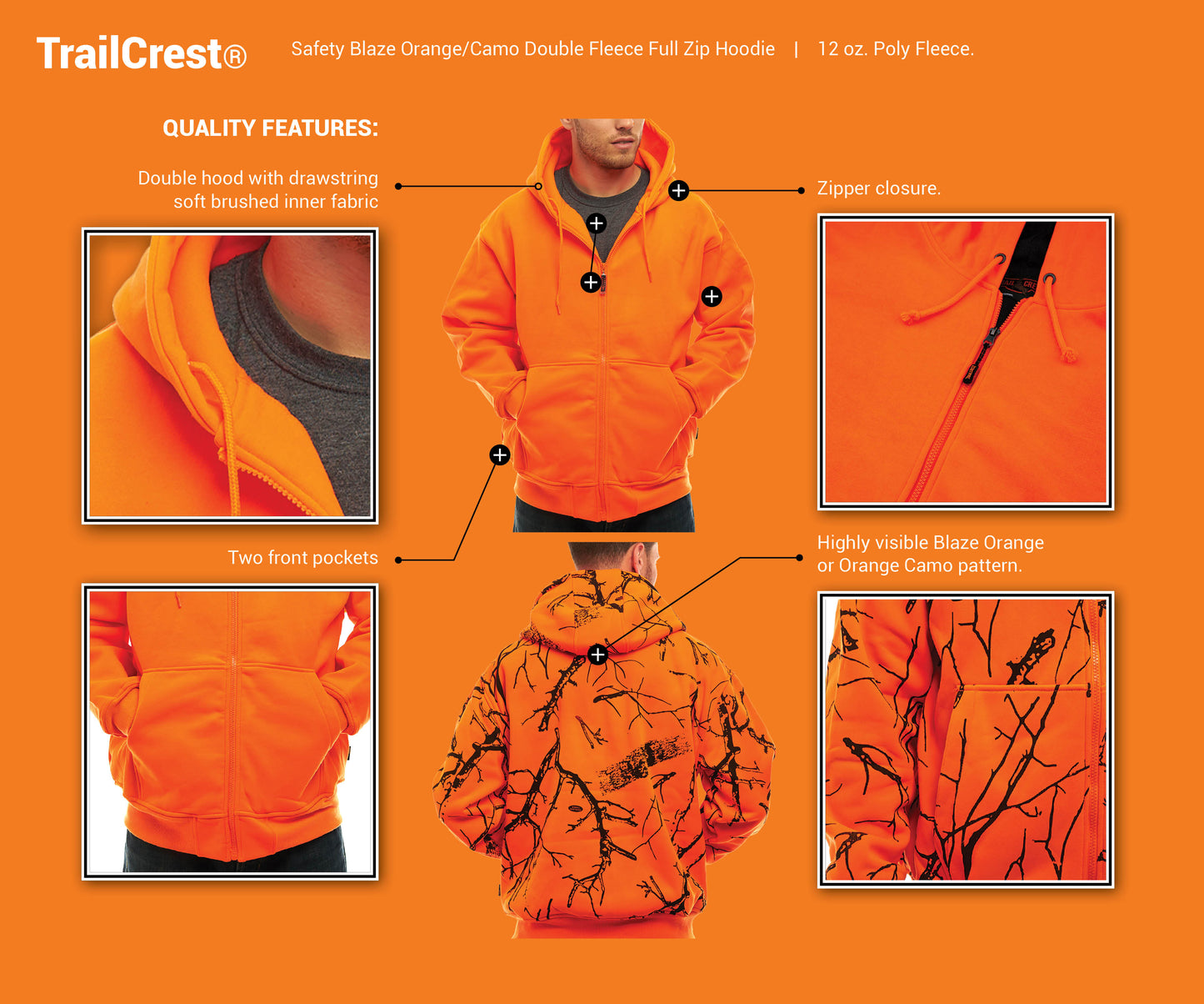 TrailCrest by Treel Orange Safety Full Zip High Visibility Thick Fleece Hooded Sweatshirt Hunting Jacket