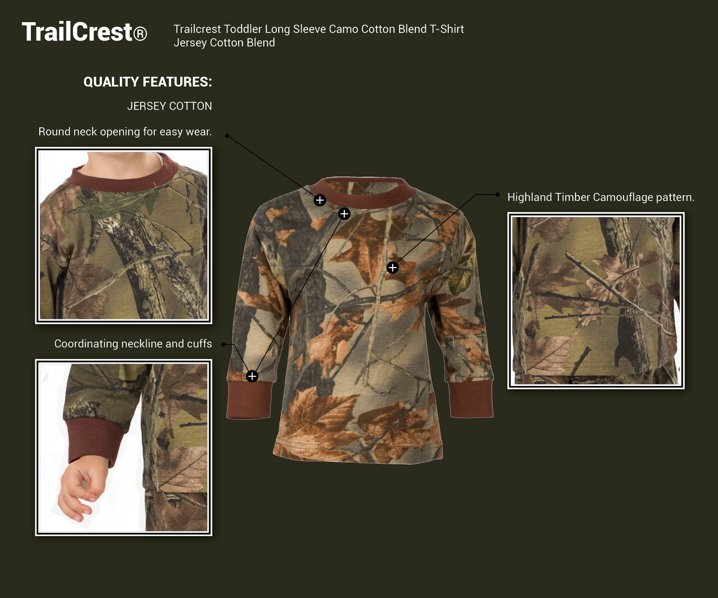 TrailCrest by Treel Toddler Long Sleeve Crew Neck Camo Cotton T-Shirt