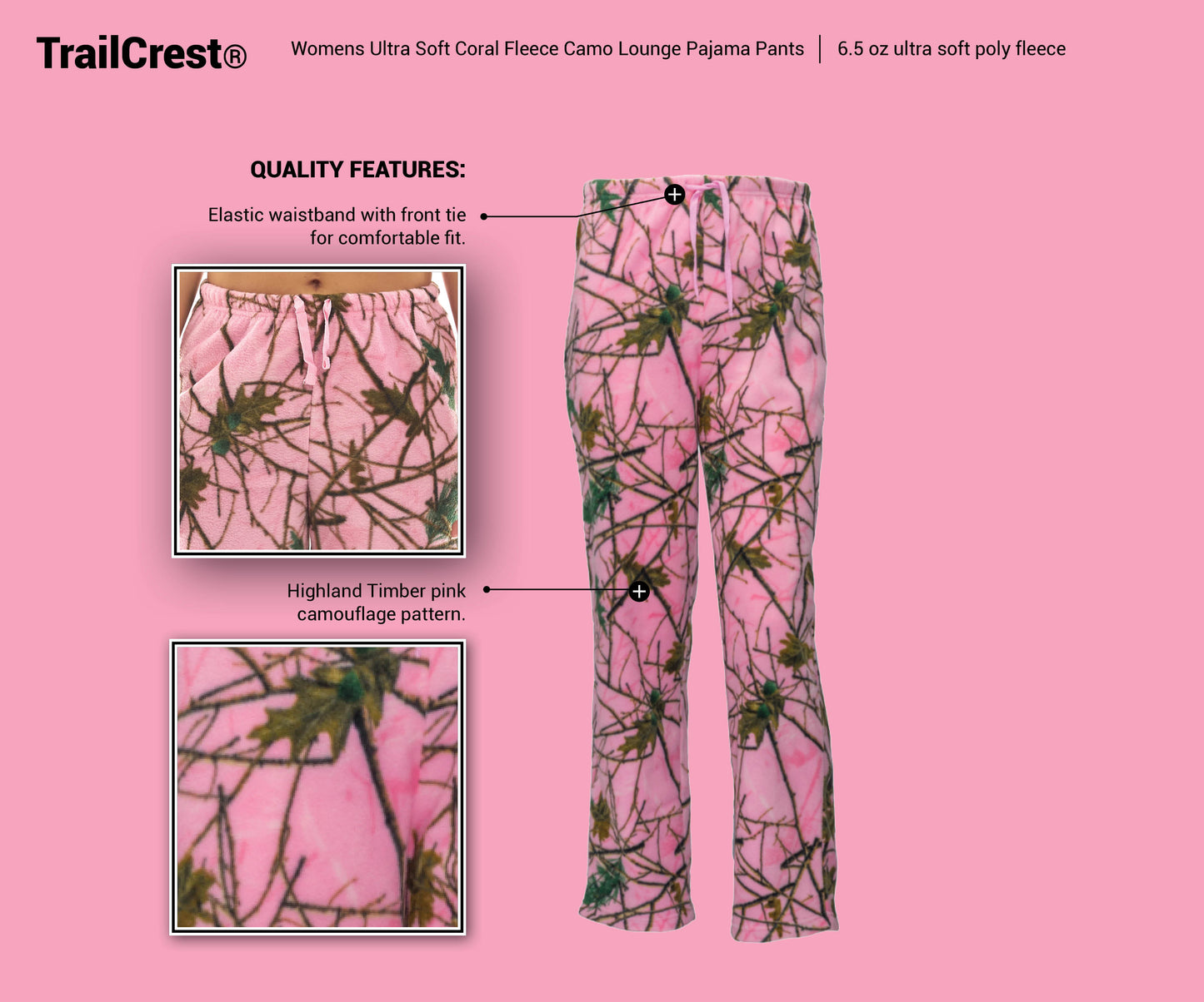 TrailCrest by Treel Women's Open Bottom Sleep and Lounge Casual Plush Soft Coral Fleece Camo Pajama Pants