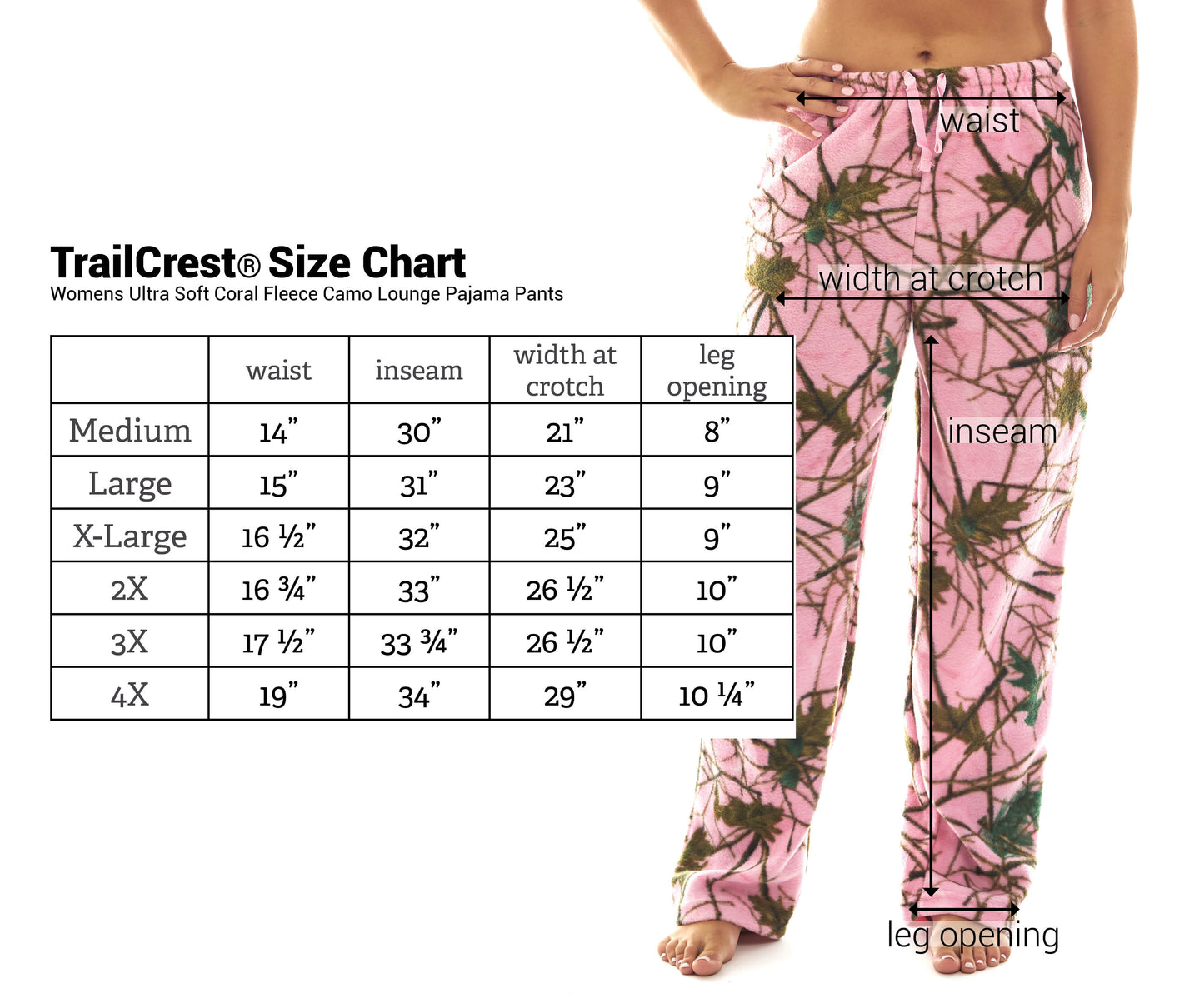 TrailCrest by Treel Women's Open Bottom Sleep and Lounge Casual Plush Soft Coral Fleece Camo Pajama Pants