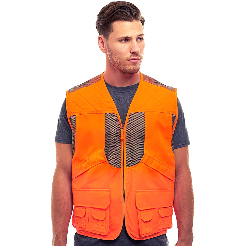 TrailCrest by Treel Mens Upland Safety Deluxe Blaze Orange Safety Front Loader High VisibilityVest - Deer Hunting Construction Engineers