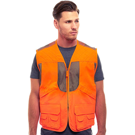 TrailCrest by Treel Mens Upland Safety Deluxe Blaze Orange Safety Front Loader High VisibilityVest - Deer Hunting Construction Engineers