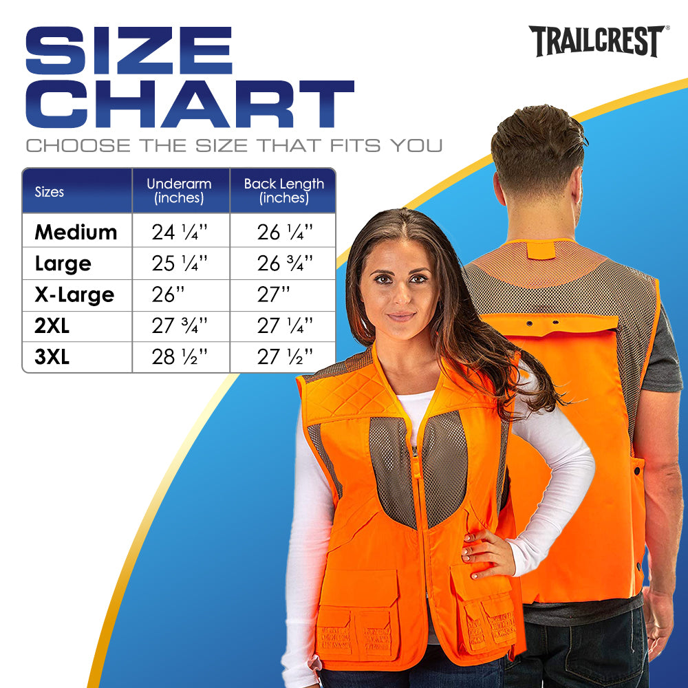 TrailCrest by Treel Mens Upland Safety Deluxe Blaze Orange Safety Front Loader High VisibilityVest - Deer Hunting Construction Engineers