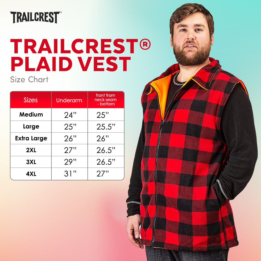 TrailCrest by Treel Men's Reversible Buffalo Red Plaid & Safety Blaze Orange Outdoorsman Workwear Vest