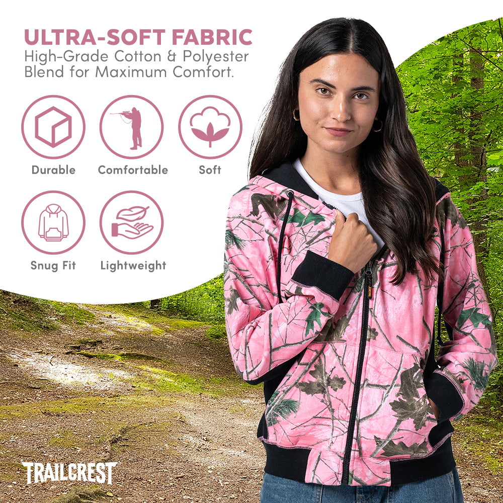 TrailCrest by Treel Women’s Pink Camo Full Zip Hoody Sweatshirt Fashion Hooded Jacket