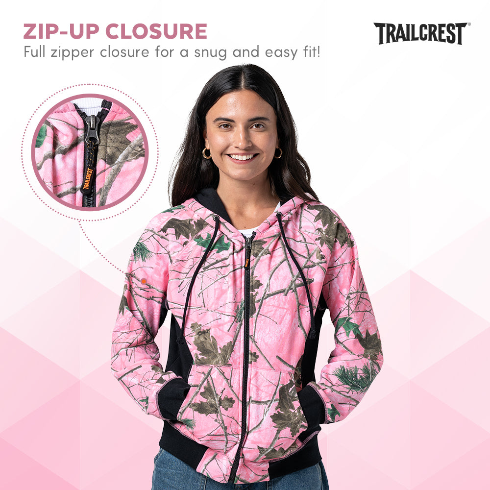 TrailCrest by Treel Women’s Pink Camo Full Zip Hoody Sweatshirt Fashion Hooded Jacket