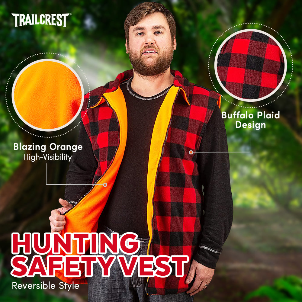TrailCrest by Treel Men's Reversible Buffalo Red Plaid & Safety Blaze Orange Outdoorsman Workwear Vest