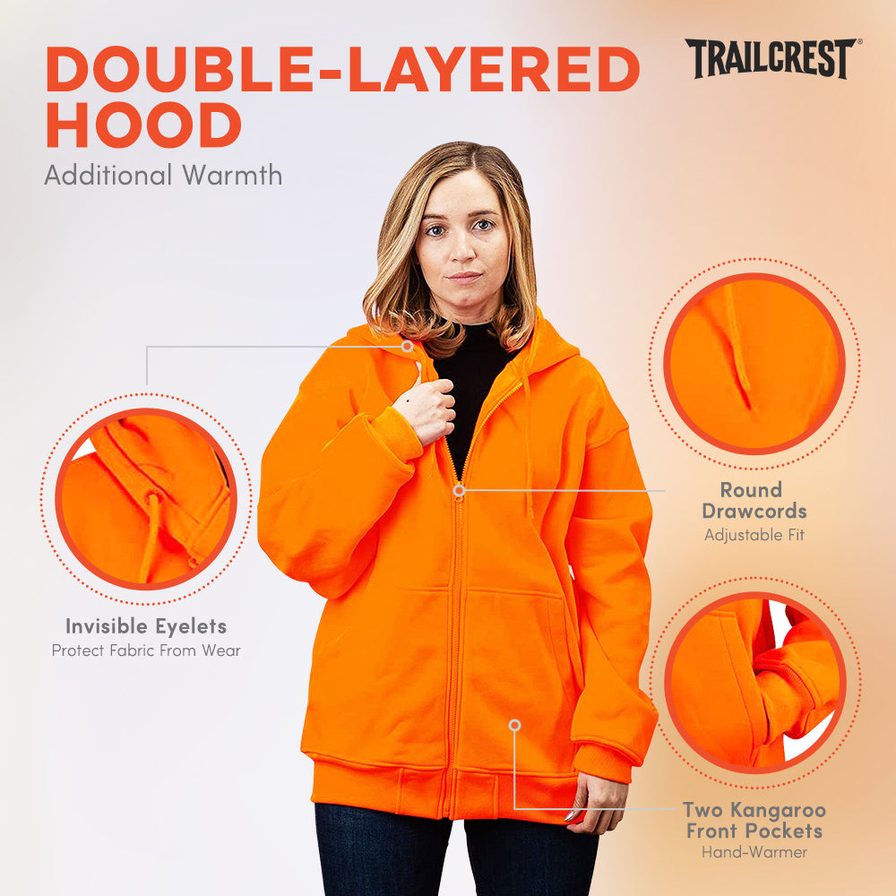 TrailCrest by Treel Orange Safety Full Zip High Visibility Thick Fleece Hooded Sweatshirt Hunting Jacket