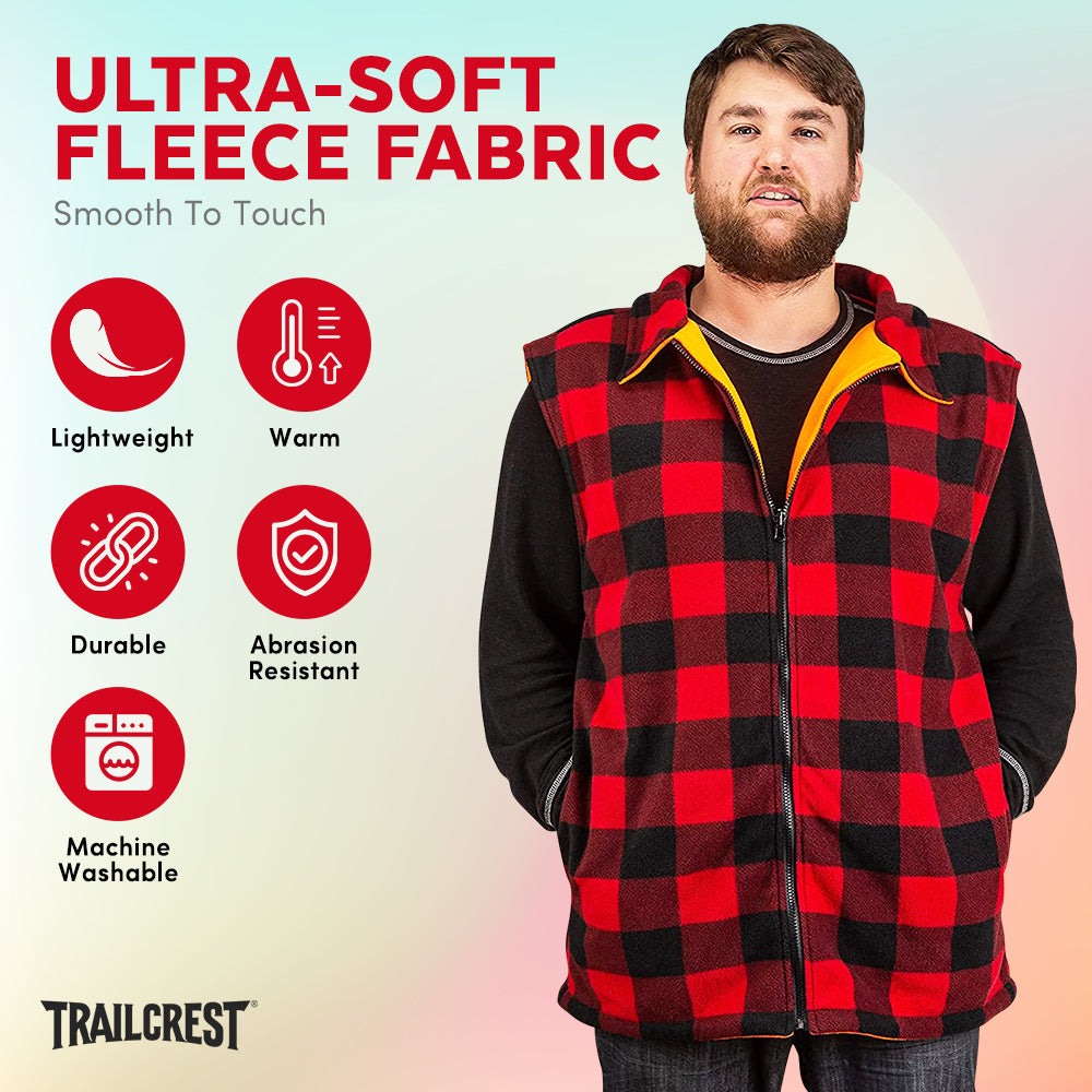 TrailCrest by Treel Men's Reversible Buffalo Red Plaid & Safety Blaze Orange Outdoorsman Workwear Vest