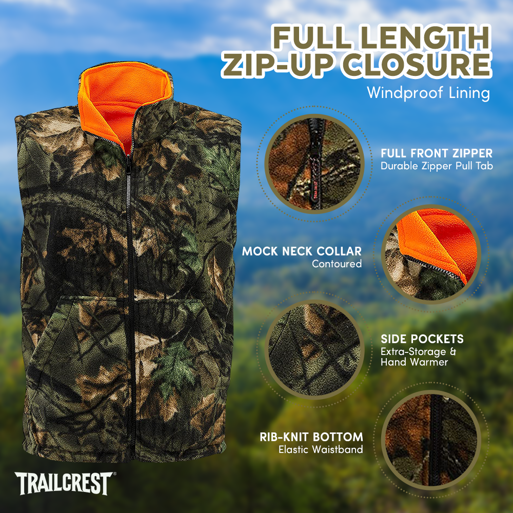 TrailCrest by Treel Men's Reversible Camo & Safety Blaze Orange Vest