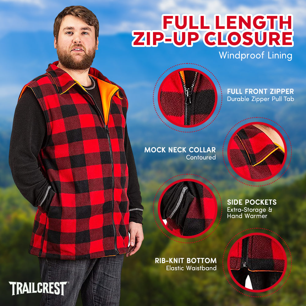 TrailCrest by Treel Men's Reversible Buffalo Red Plaid & Safety Blaze Orange Outdoorsman Workwear Vest
