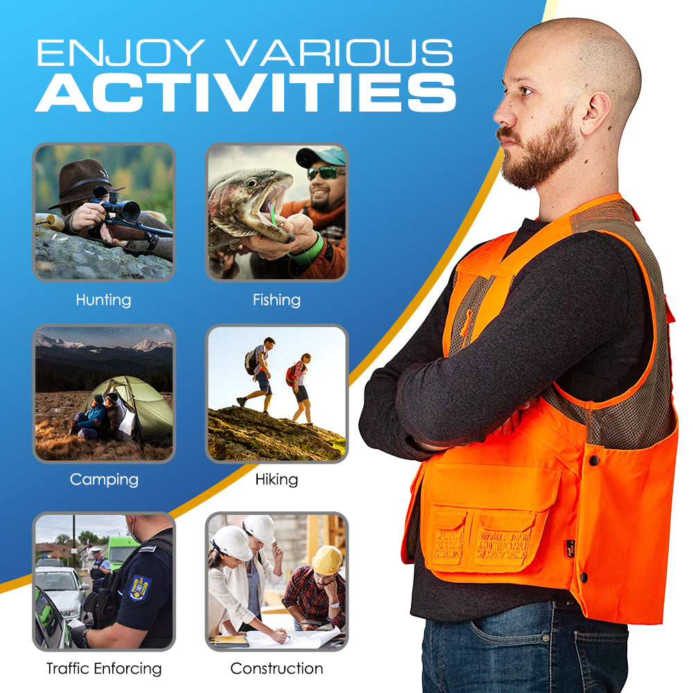 TrailCrest by Treel Mens Upland Safety Deluxe Blaze Orange Safety Front Loader High VisibilityVest - Deer Hunting Construction Engineers