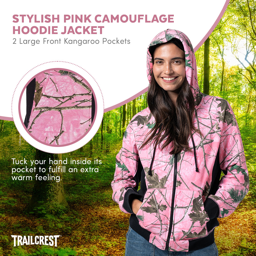 TrailCrest by Treel Women’s Pink Camo Full Zip Hoody Sweatshirt Fashion Hooded Jacket