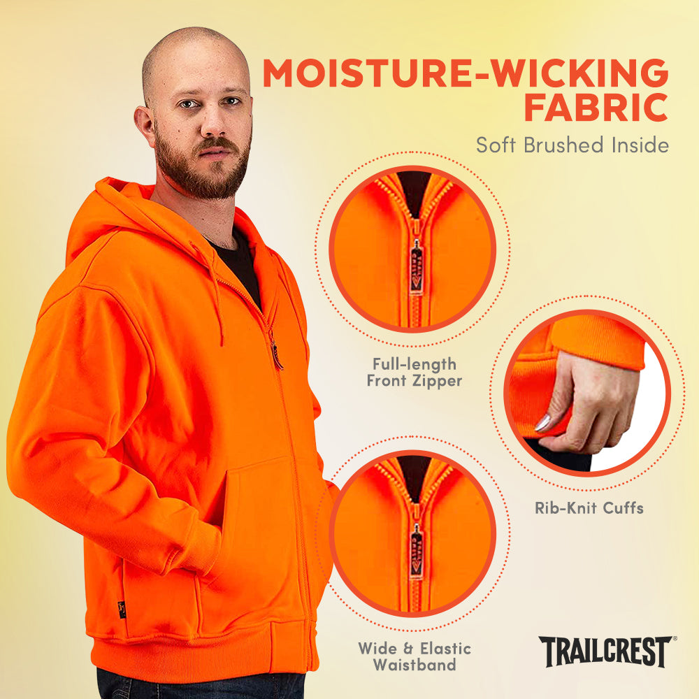 TrailCrest by Treel Orange Safety Full Zip High Visibility Thick Fleece Hooded Sweatshirt Hunting Jacket
