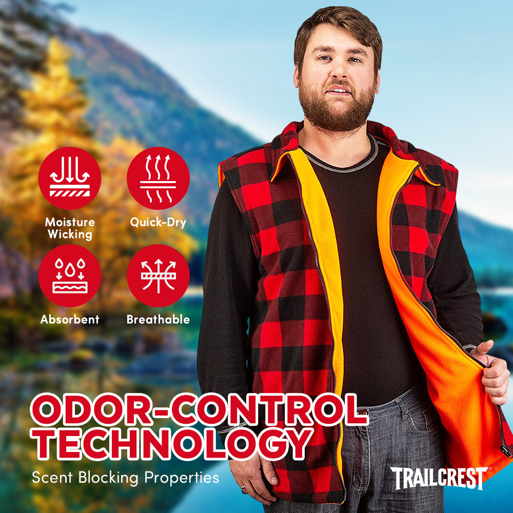 TrailCrest by Treel Men's Reversible Buffalo Red Plaid & Safety Blaze Orange Outdoorsman Workwear Vest