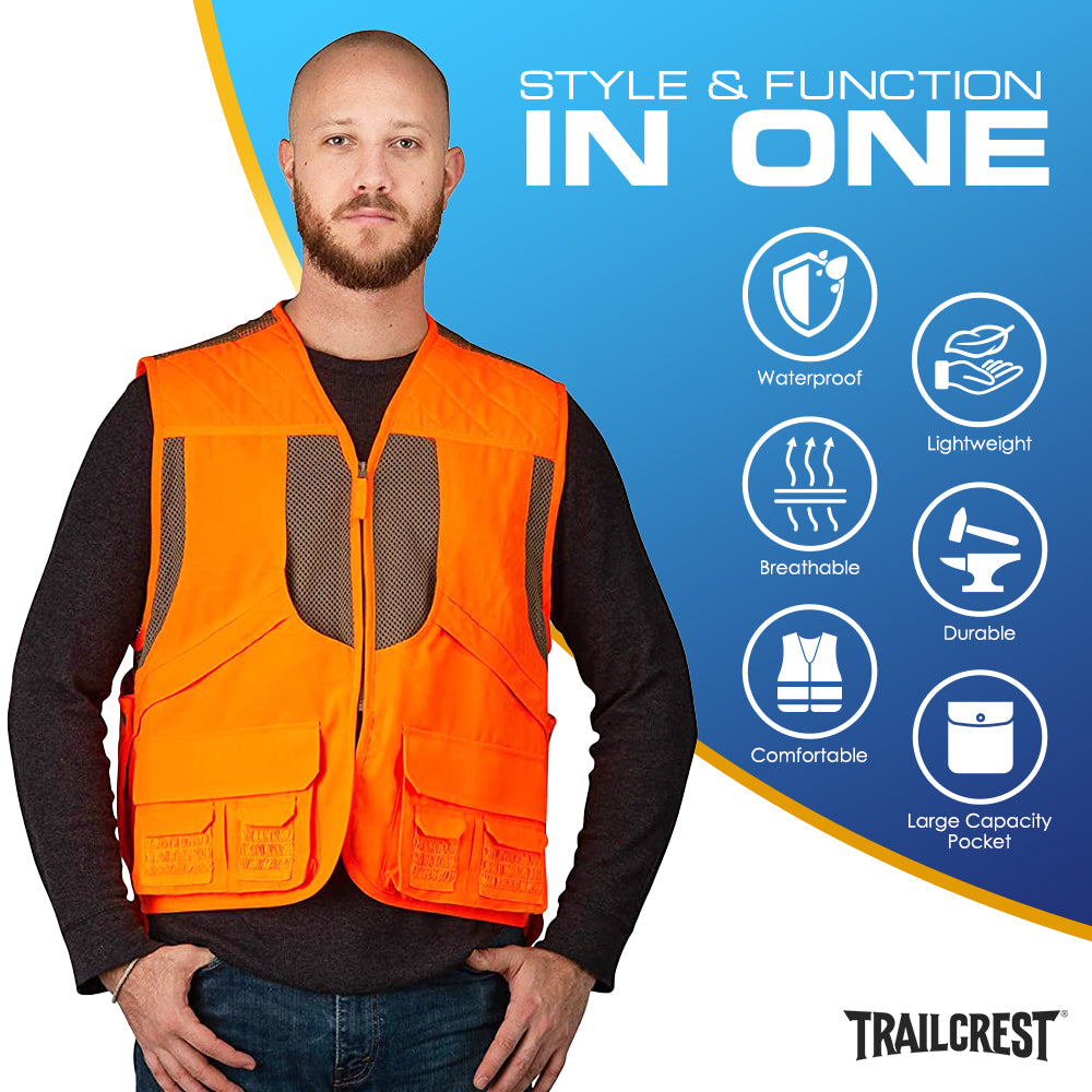 TrailCrest by Treel Mens Upland Safety Deluxe Blaze Orange Safety Front Loader High VisibilityVest - Deer Hunting Construction Engineers