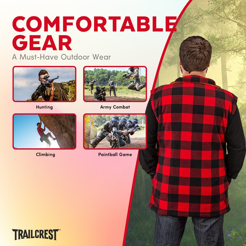 TrailCrest by Treel Men's Reversible Buffalo Red Plaid & Safety Blaze Orange Outdoorsman Workwear Vest