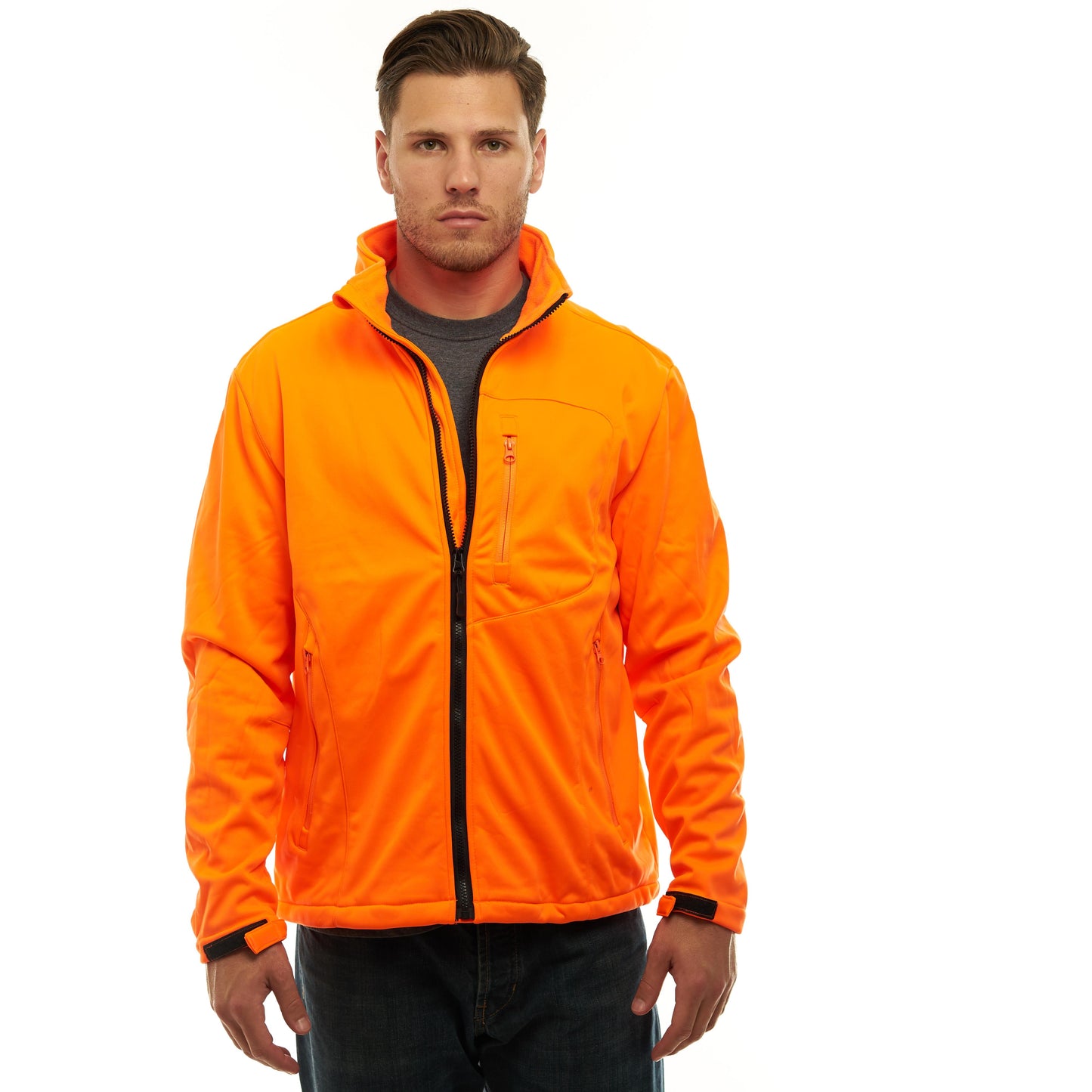 TrailCrest by Treel Men's Blaze Orange Waterproof Softshell Jacket - Coral Fleece Lining