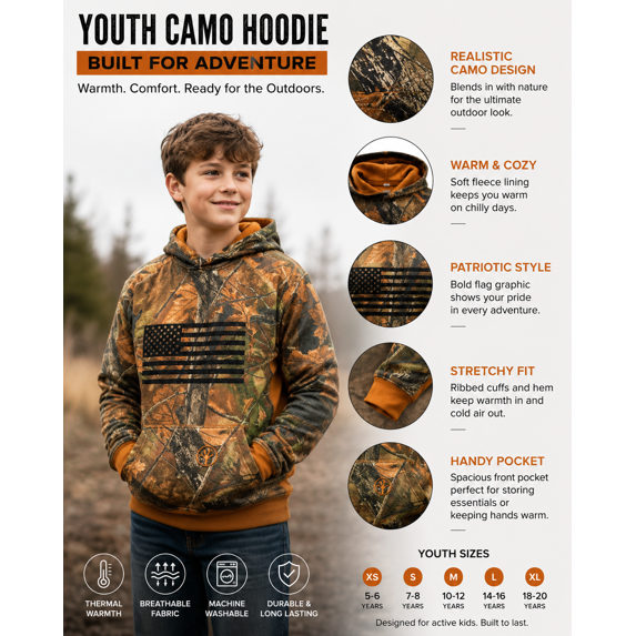 TrailCrest by Treel Boys Hoodie Sweatshirt- Comfortable, Stylish Camo Jacket for Outdoor Activities, Hunting and Casual Wear
