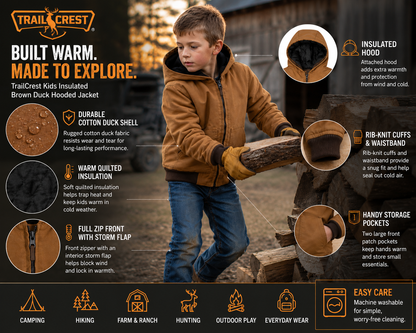 Kids Insulated Brown Duck Hooded Jacket for Outdoor Winter Wear