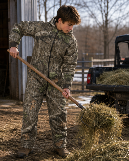 Kids Insulated Mossy Oak / Duck Brown Canvas Work Coveralls for Outdoor Winter