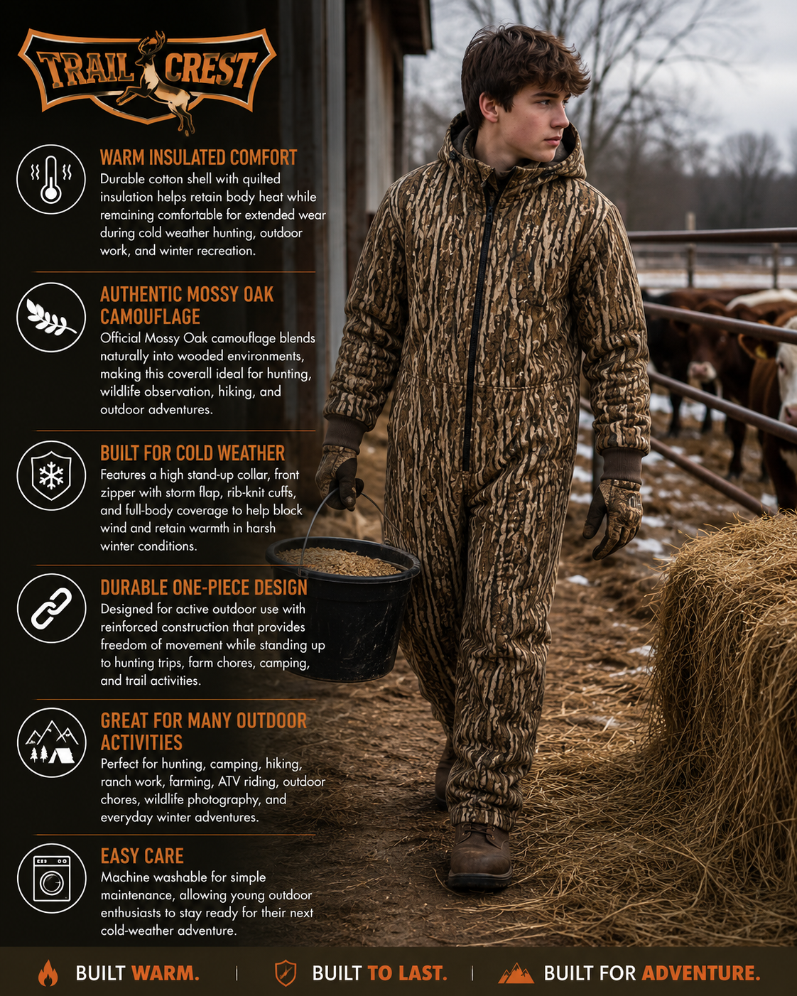 Kids Insulated Mossy Oak / Duck Brown Canvas Work Coveralls for Outdoor Winter