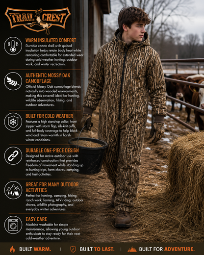 Kids Insulated Mossy Oak / Duck Brown Canvas Work Coveralls for Outdoor Winter