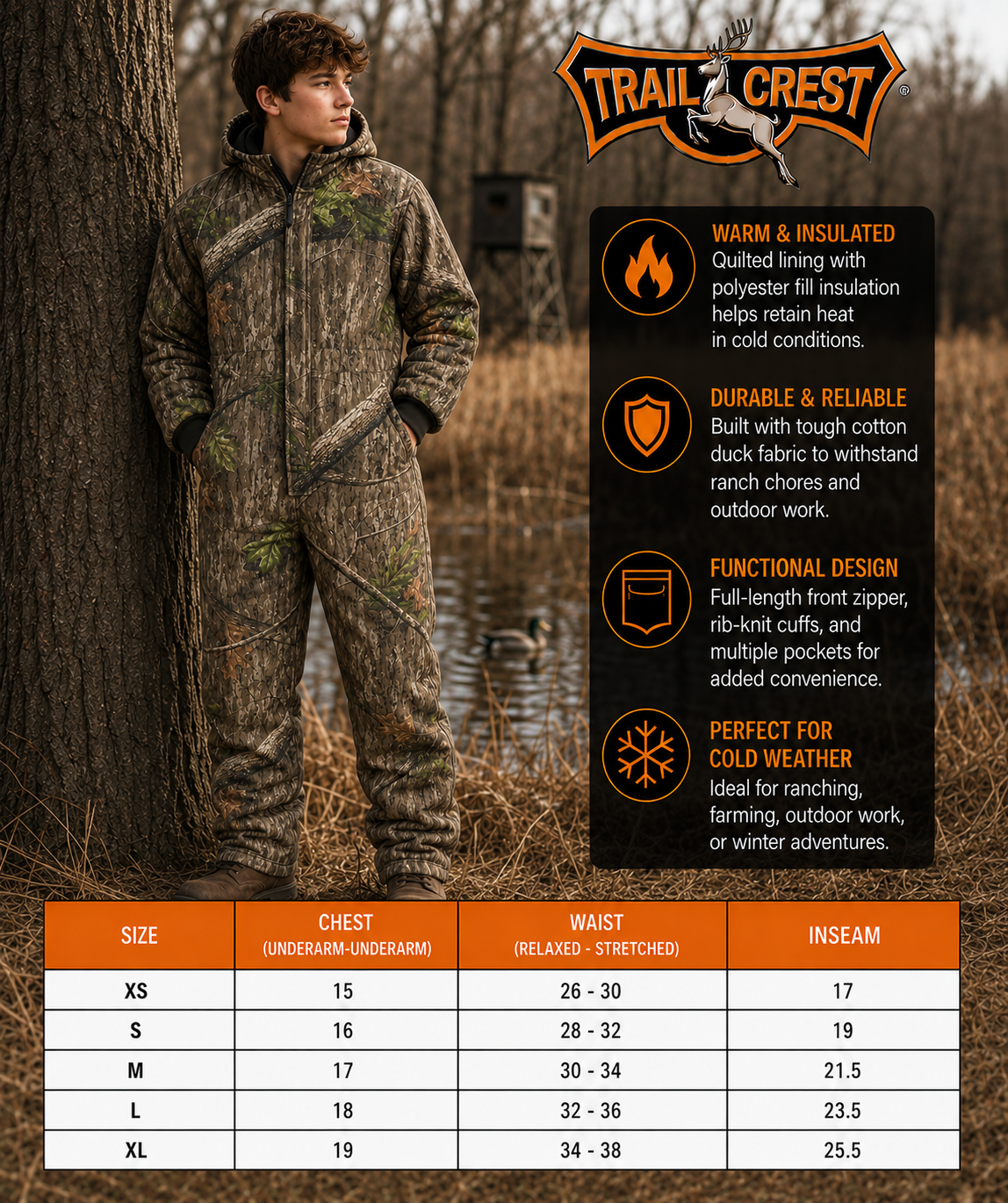 Kids Insulated Mossy Oak / Duck Brown Canvas Work Coveralls for Outdoor Winter