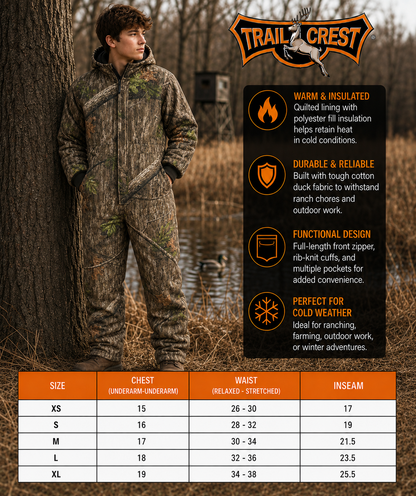 Kids Insulated Mossy Oak / Duck Brown Canvas Work Coveralls for Outdoor Winter