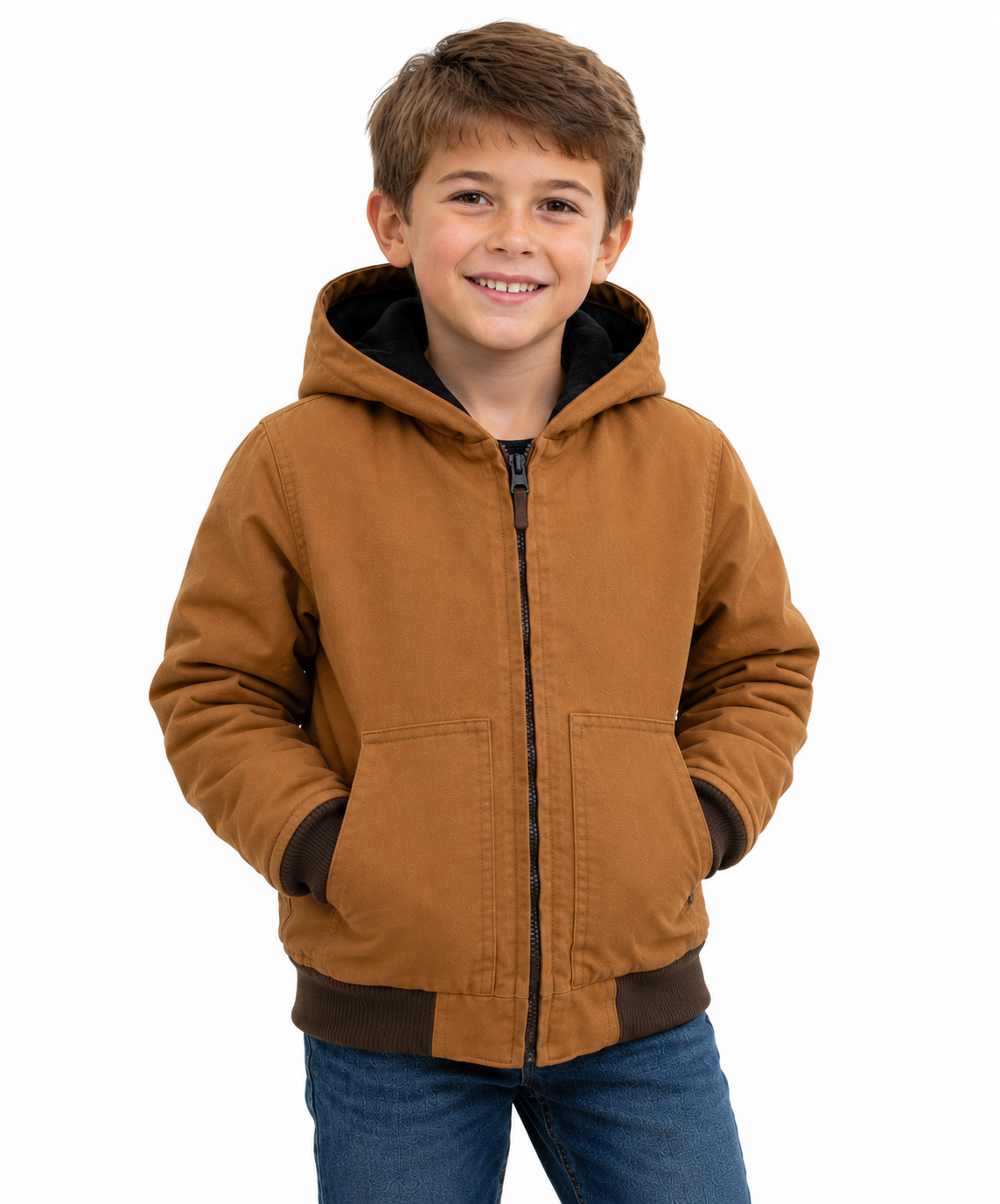 Kids Insulated Brown Duck Hooded Jacket for Outdoor Winter Wear