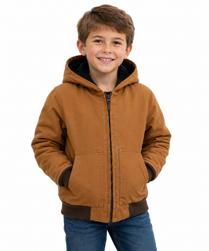 Kids Insulated Brown Duck Hooded Jacket for Outdoor Winter Wear