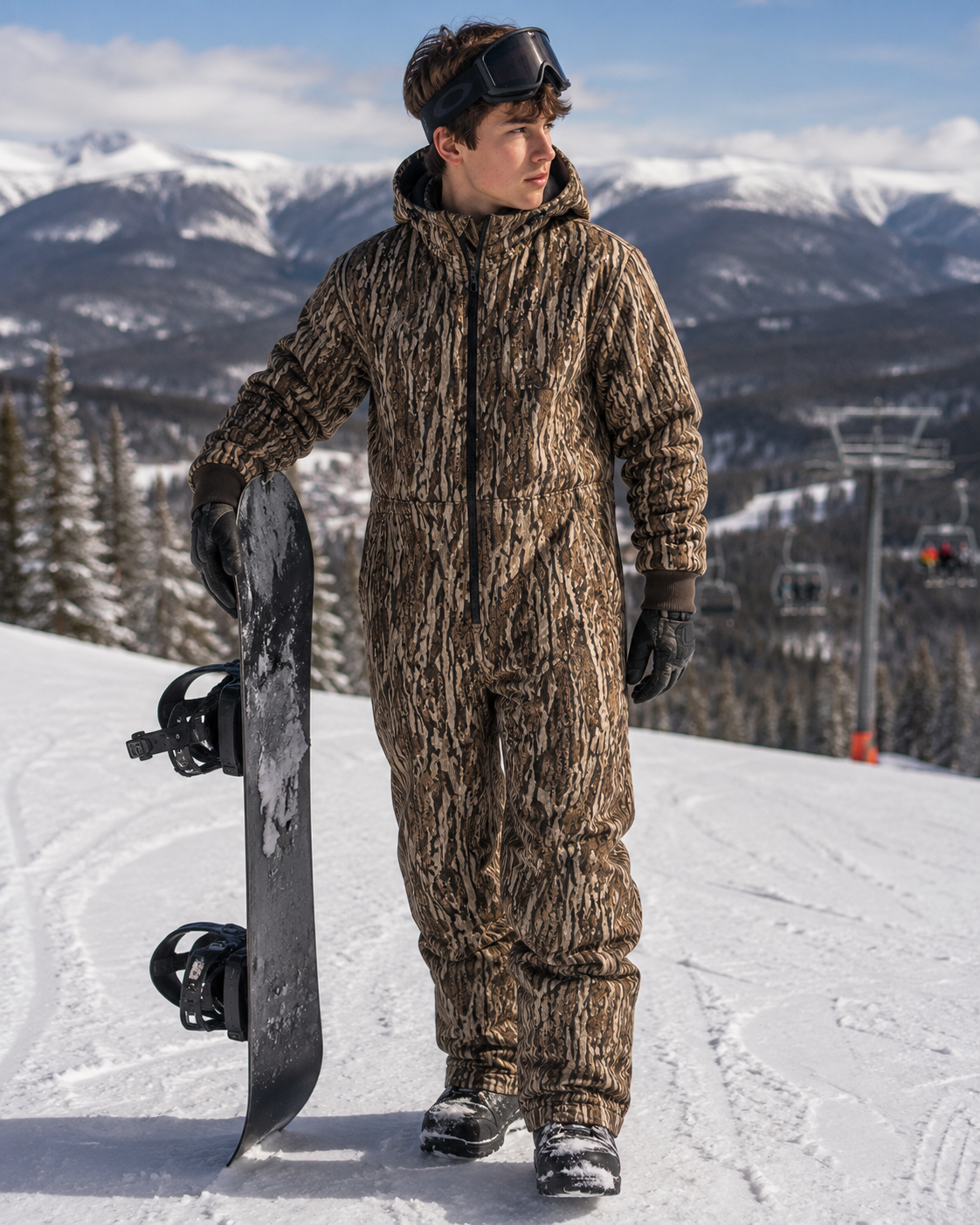 Kids Insulated Mossy Oak / Duck Brown Canvas Work Coveralls for Outdoor Winter