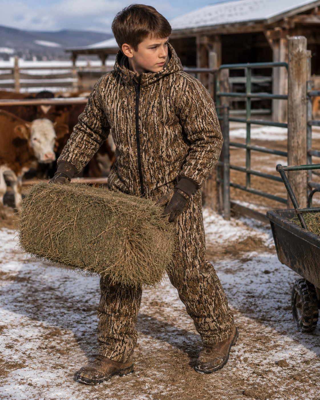 Kids Insulated Mossy Oak / Duck Brown Canvas Work Coveralls for Outdoor Winter